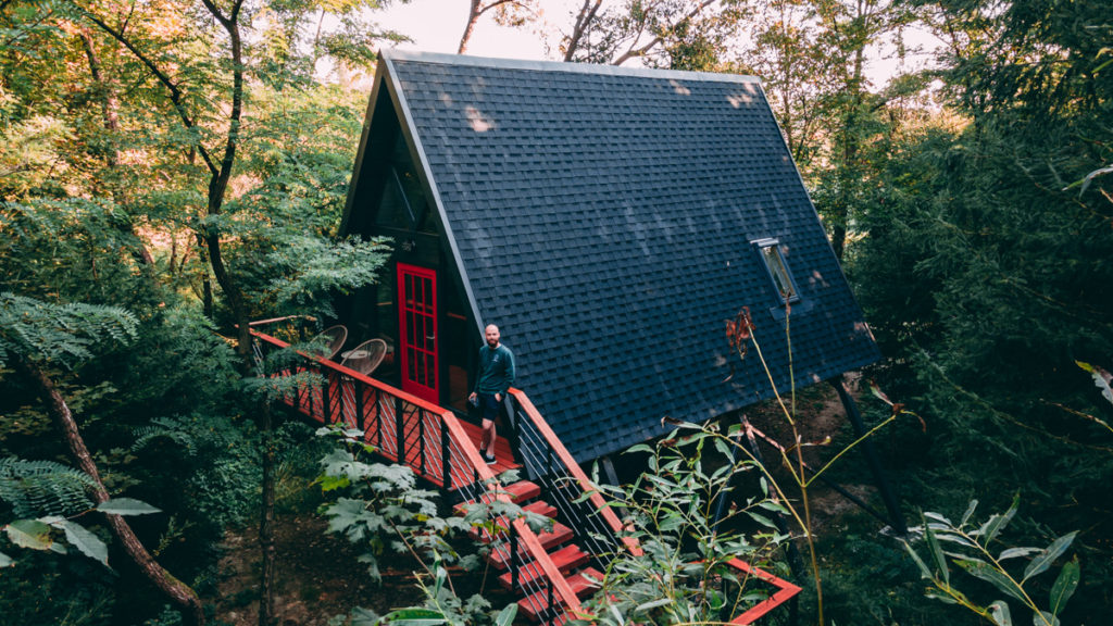 A-Frame tiny house at Porumbacu Treehouses.