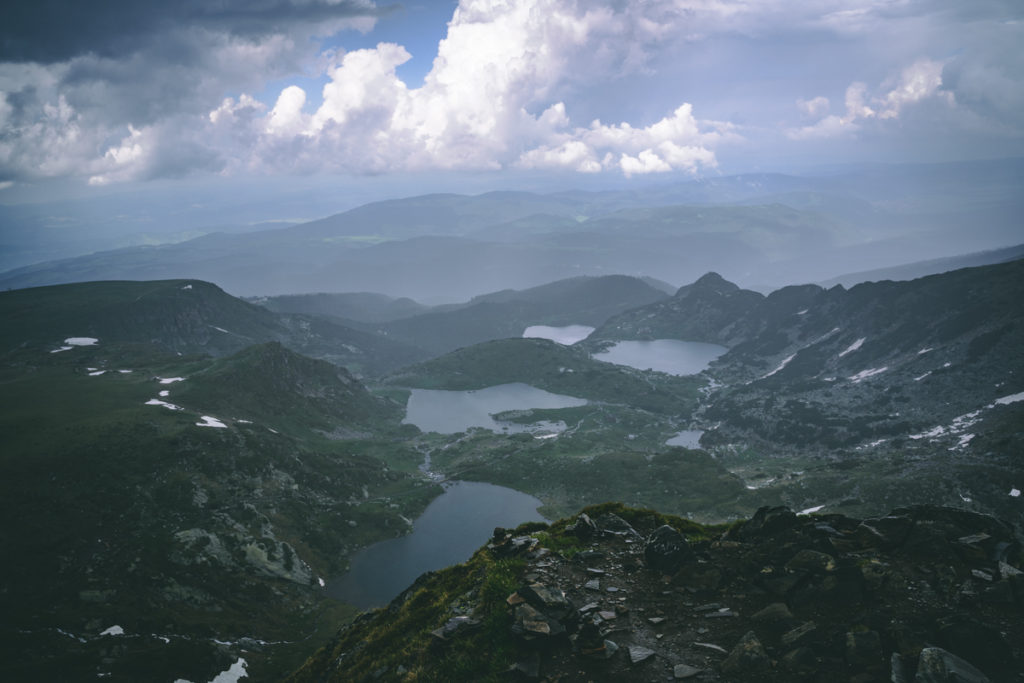 5 out of 7 Rila lakes seen from on top of the lake peak.