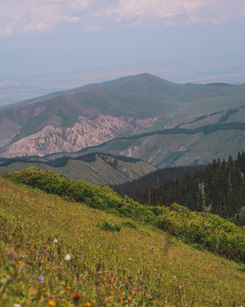 Looking out over the Karakol Valley while hiking to Yrdyk Lakes