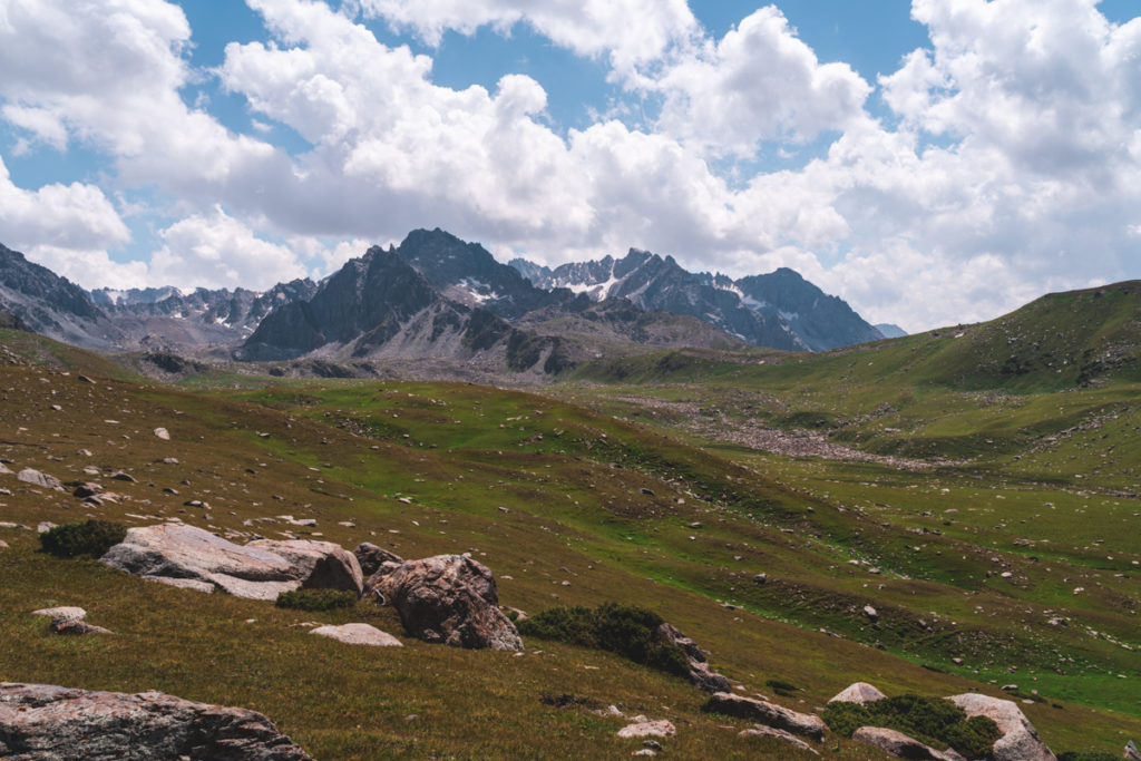 Green pastures on the way to Yrdyk Lakes in Kyrgyzstan